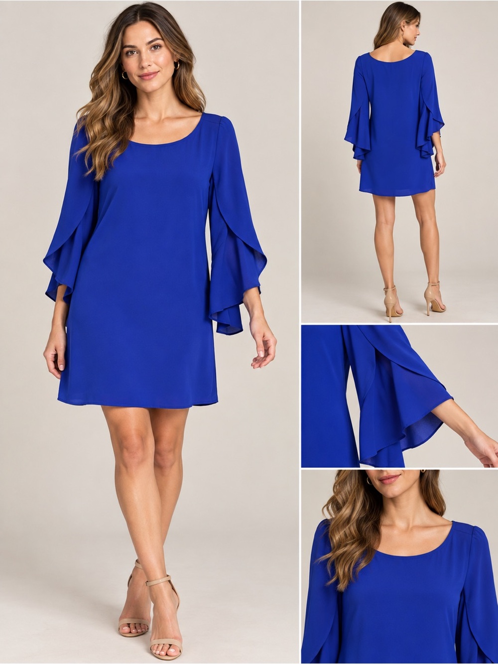 Milly Royal Blue Bell Sleeve Shift Dress Size 6, 3/4 Sleeve, Flaw